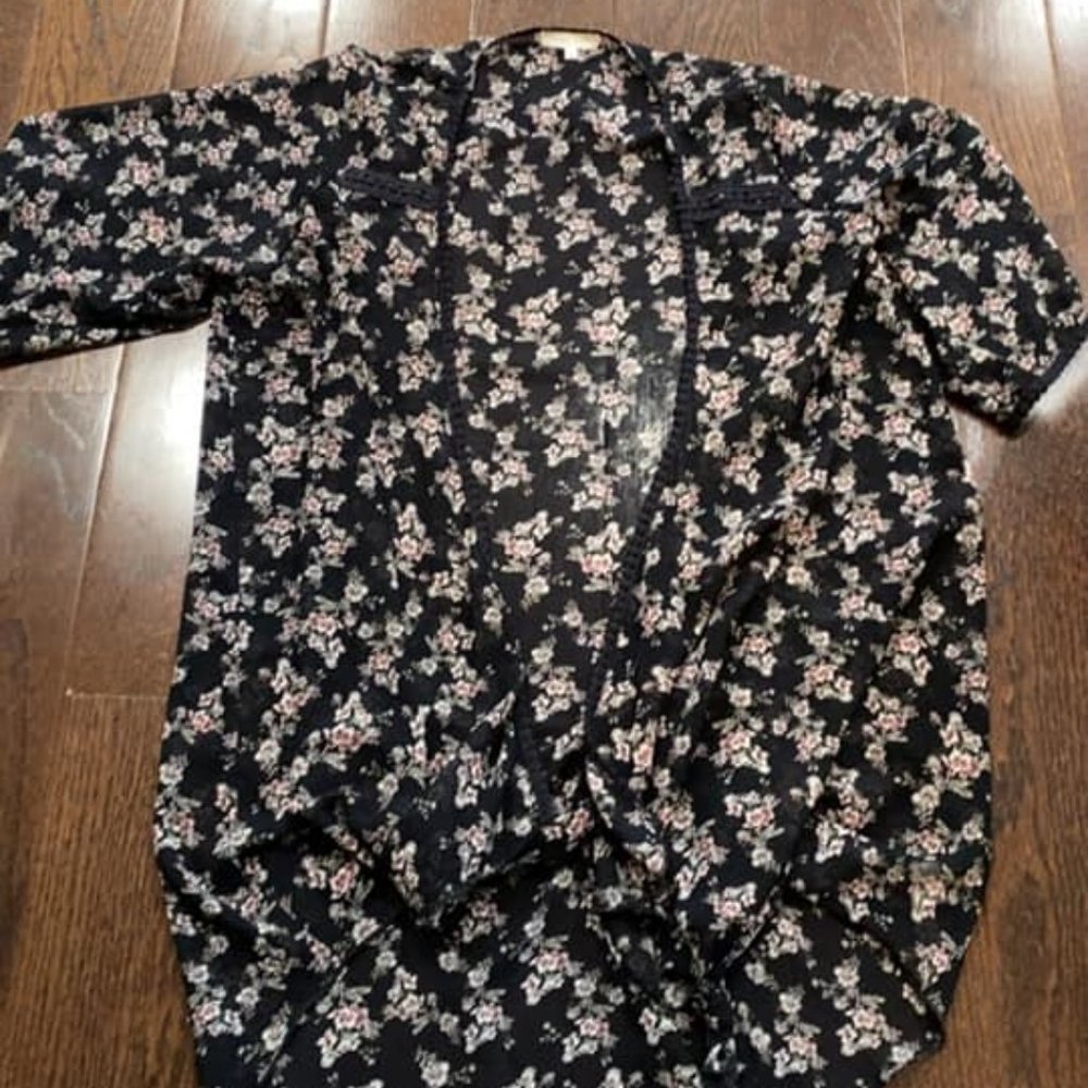 Long Silky Black Floral Cardigan